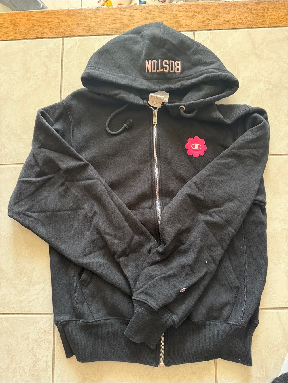 Champion Black Zip Hoodie with Pink Flower Logo and BOSTON Hood Custom